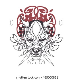 Flat,vector.Japanese demon mask.Line drawing with patterns.