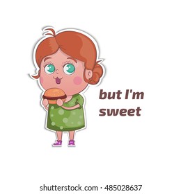 Flat,Vector.Plump sweet girl eating a hamburger. Figure stylized sticker.Character glows with happiness.