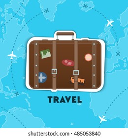 Flat,vector.World Tourism Day. Figure suitcase with stickers. Travel throughout the land.