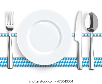 Flatware and bavarian national colors ribbons with text "Oktoberfest" on the white background. Eps 10 vector file.