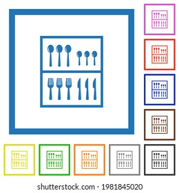 Flatware box flat color icons in square frames on white background