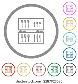 Iconos de color plano de la caja Flatware en los contornos redondos sobre fondo blanco