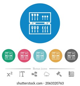 Flatware box flat white icons on round color backgrounds. 6 bonus icons included.