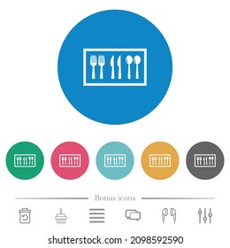 Flatware box flat white icons on round color backgrounds. 6 bonus icons included.