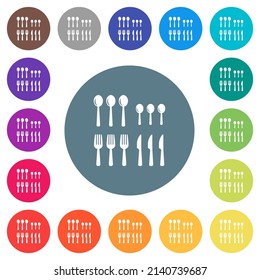 Flatware box flat white icons on round color backgrounds. 17 background color variations are included.