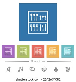 Flatware box flat white icons in square backgrounds. 6 bonus icons included.