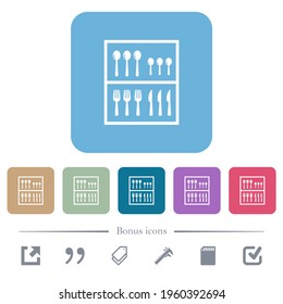 Flatware box white flat icons on color rounded square backgrounds. 6 bonus icons included