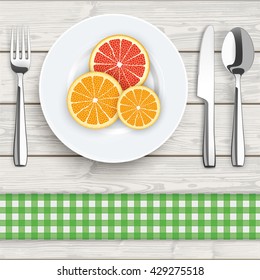 Flatware with citrus fruits on the wooden background. Eps 10 vector file.