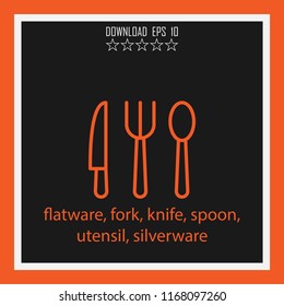 flatware, fork, knife, spoon, utensil, silverware  vector icon