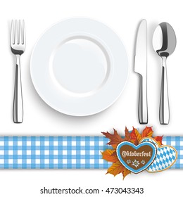 Flatware and gingerbread with text "Oktoberfest" on the white background. Eps 10 vector file.