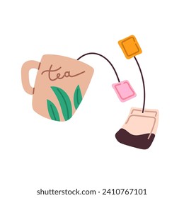 Flavor Ceylon tea in decorated cup. Teacup with hot herbal beverage. Teabag with organic, natural dried leaves. Morning drink for breakfast. Flat isolated vector illustration on white background