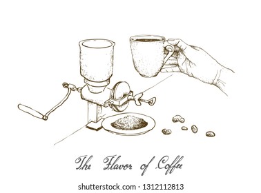 The Flavor of Coffee, Illustration Hand Drawn Sketch of  Hand Holding A Shot of Espresso with Traditional Manual Coffee Grinder or Burr Mill Isolated on White Background.