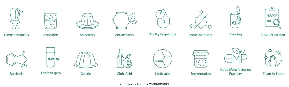 Intensificadores de Sabor, Emulsionantes, Estabilizadores, Antioxidantes, Reguladores de Acidez, Inibidores de Moldes, Conservas, Certificados HACCP, Sacarina, Goma Xantana, Gelatina, Ácido Cítrico, Ácido Lático, Ícones de Fermentação