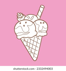 Flavor Ice Cream Cone Scoop Sweet Digital Stamp Outline Cartoon