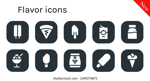 flavor icon set. 10 filled flavor icons.  Collection Of - Popsicle, Crepe, Tomato sauce, Syrup, Ice cream, Tea bag