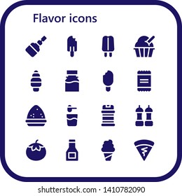 flavor icon set. 16 filled flavor icons.  Simple modern icons about  - Fermentation, Popsicle, Ice cream, Syrup, Powder, Condiments, Salt, Tomato, Sauce, Crepe