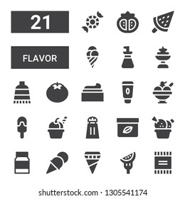 flavor icon set. Collection of 21 filled flavor icons included Powder, Tomato, Ice cream, Mayonnaise, Cream, Salt, Oil bottle, Peppermint