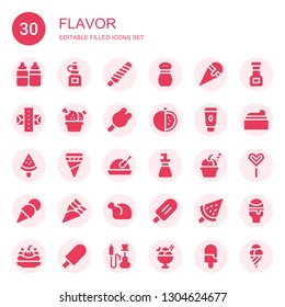 flavor icon set. Collection of 30 filled flavor icons included Sauces, Oil bottle, Popsicle, Salt, Ice cream, Gum, Tomato, Cream, Chicken, Sauce, Popsicle stick, Icecream, Hookah