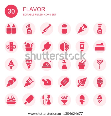 flavor icon set. Collection of 30 filled flavor icons included Sauces, Oil bottle, Popsicle, Salt, Ice cream, Gum, Tomato, Cream, Chicken, Sauce, Popsicle stick, Icecream, Hookah