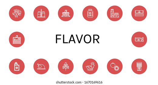 flavor icon set. Collection of Popsicle, Salt and pepper, Ice cream shop, Mayonnaise, Cream, Chewing gum, Vaper, Chicken, Parsley, Tomato, Tea bag icons
