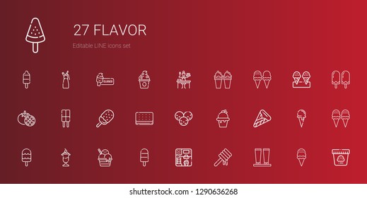 flavor icons set. Collection of flavor with cream, honey, ice cream, popsicle, tomatoes, sauce, ice cream cone, frozen yogurt, whipped cream. Editable and scalable flavor icons.