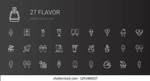 flavor icons set. Collection of flavor with ice cream, popsicle, sauce, lime, cream, whipped cream. Editable and scalable flavor icons.