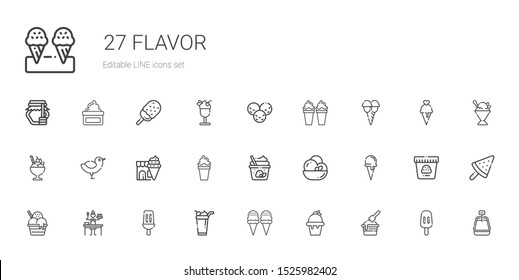 flavor icons set. Collection of flavor with ice cream, popsicle, sauce, ice cream cone, chicken, sorbet, cream, honey. Editable and scalable flavor icons.