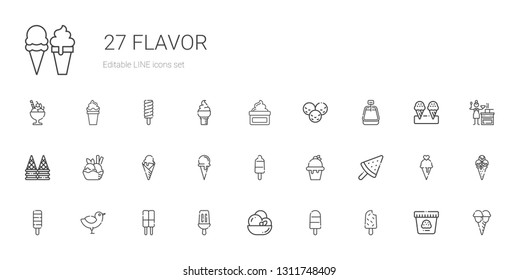 flavor icons set. Collection of flavor with popsicle, ice cream, chicken, ice cream cone, cream, sauce. Editable and scalable flavor icons.