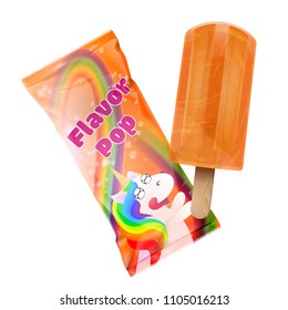 Flavor pop ice cream with packaging design. Plastic foil pack orange template for branding adn design. Vector illustration
