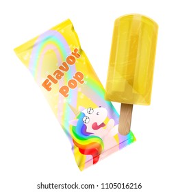 Flavor pop ice cream with packaging design. Plastic foil pack yellow template for branding adn design. Vector illustration