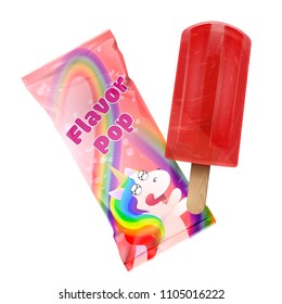 Flavor pop ice cream with packaging design. Plastic foil pack red template for branding adn design. Vector illustration