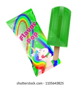 Flavor pop ice cream with packaging design. Plastic foil pack green template for branding adn design. Vector illustration