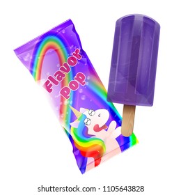Flavor pop ice cream with packaging design. Plastic foil pack lilac template for branding adn design. Vector illustration