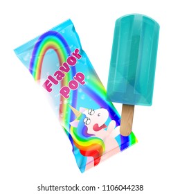 Flavor pop ice cream with packaging design. Plastic foil pack blue template for branding and design. Vector illustration