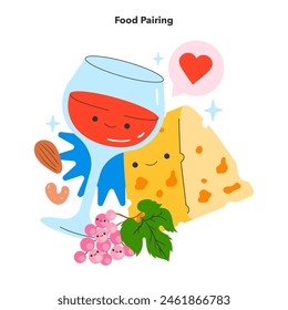 Flavor Reversal concept. Adventurous pairing of wine and cheese with a whimsical touch. Friendly illustrations of food items portraying perfect match. Vector illustration.