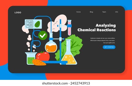 Flavor Reversal concept. Chemistry lab web banner with fresh ingredients undergoing scientific analysis. Food experimentation and molecular gastronomy. Vector illustration.