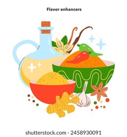 Flavor Reversal concept. Colorful array of spices and condiments awakens taste sensations. Invigorating ginger, fiery pepper, and aromatic oil. Vector illustration.