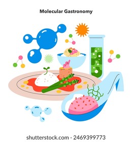 Flavor Reversal concept. Culinary science meets creativity in this molecular gastronomy illustration. Chemical structures, test tubes, and artistic dishes. Vector illustration.