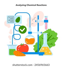 Concepto de inversión de sabor. Ilustración de equipos de laboratorio que analizan perfiles de sabor de frutas y verduras. Experimentación en ciencia de los alimentos. Ilustración vectorial.