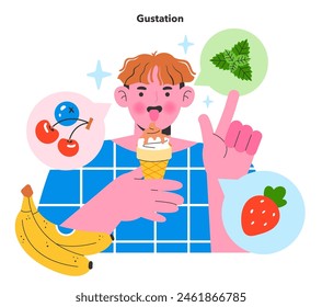 Concepto de inversión de sabor. Persona que experimenta el cambio de sabor, combinando helado con sabores de fruta vívidos. Percepción, dulzura, amargura, sensaciones. Ilustración vectorial.