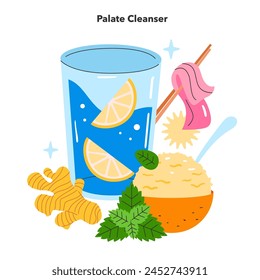 Flavor Reversal concept. A refreshing glass of lemon water, pickled ginger, and aromatic herbs reset taste buds. Mouth-refreshing elements in cuisine. Vector illustration.