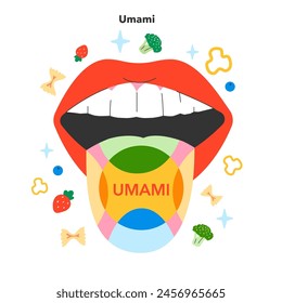 Flavor Reversal concept. A vibrant illustration exploring the umami taste sensation with stylized mouth and taste map. Taste mystery and culinary discovery. Vector illustration.