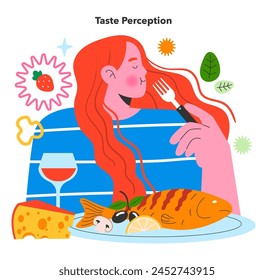 Flavor Reversal concept. A woman experiences the joy of different flavors. Sweet, sour, salty, and bitter tastes come alive with vibrant visuals. Vector illustration.