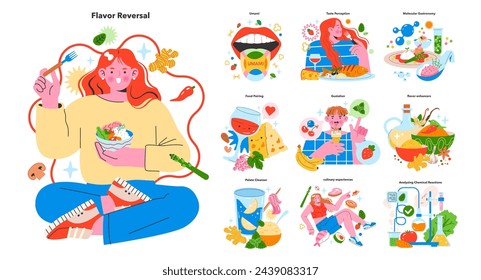 Flavor Reversal set. Exploring culinary contrasts and taste blendings. Interactive food experiences engaging all senses. Culinary science in delightful visuals. Vector illustration.