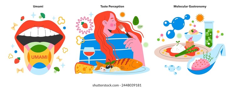 Flavor Reversal set. Exploring the science of taste, from umami sensation to advanced culinary techniques. Taste buds adventure on a plate. Vector illustration.