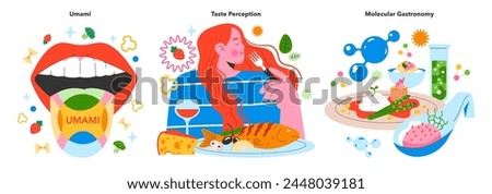 Flavor Reversal set. Exploring the science of taste, from umami sensation to advanced culinary techniques. Taste buds adventure on a plate. Vector illustration. Stock photo © 