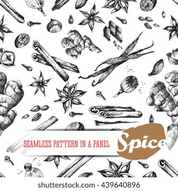 Flavor spices sketch food seamless pattern. Vector pattern elements: cinnamon, clove, cardamom, sunflower, poppy, seed, anise, vanilla, ginger, hazelnut, nutmeg. 