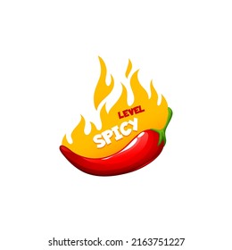 Flavor of spicy vegetarian food, mexican or asian cuisine seasoning condiment yellow medium spice chili pepper and burning fire flame. Vector fiery food ingredient, cayenne jalapeno salsa ingredient