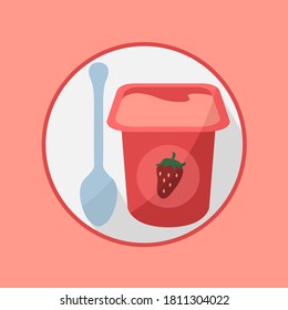 flavor strawberry yoghurt cream on cup flat design vector. fruit yogurt smooth on pot product & spoon art. liquid food container isolated symbol mash & pudding puree dessert icon. fresh baby breakfast