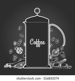 Flavored coffee on chalkboard. Vector illustration.